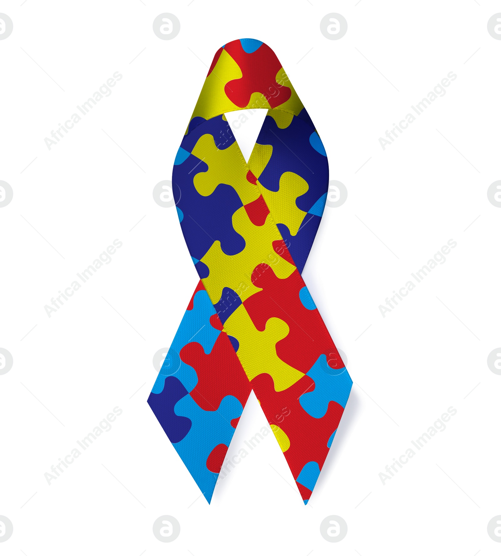 Image of World Autism Awareness Day. Colorful puzzle ribbon on white background, top view
