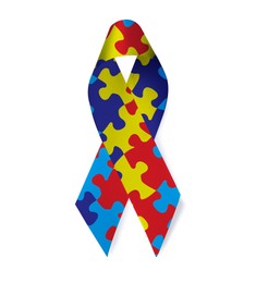 Image of World Autism Awareness Day. Colorful puzzle ribbon on white background, top view