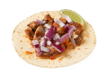 Photo of Delicious taco with vegetables, meat and lime isolated on white