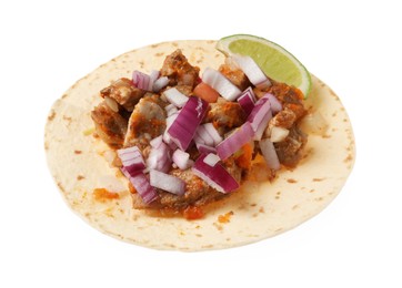 Delicious taco with vegetables, meat and lime isolated on white