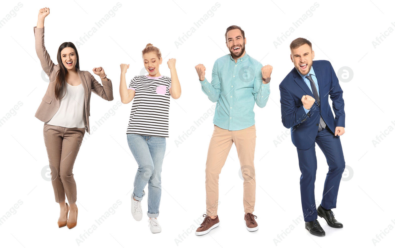 Image of Collage with photos of happy people celebrating victory on white background