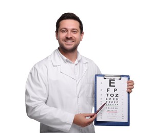 Photo of Ophthalmologist pointing at vision test chart on white background