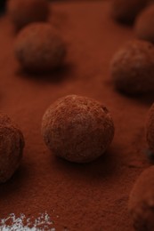 Photo of Delicious chocolate candies powdered with cocoa on tray, closeup