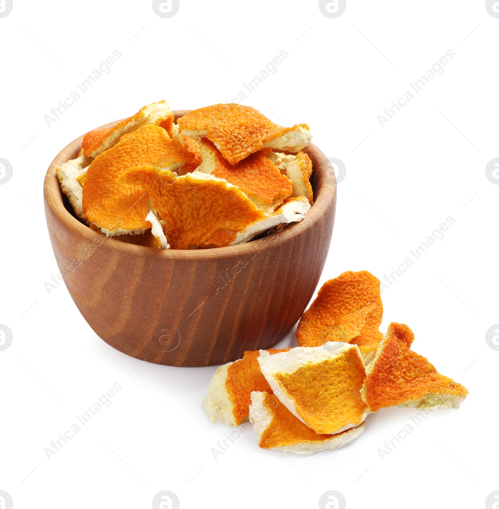 Photo of Dry orange peels in wooden bowl on white background