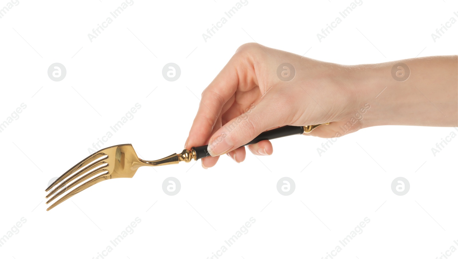 Photo of Woman holding clean fork on white background, closeup