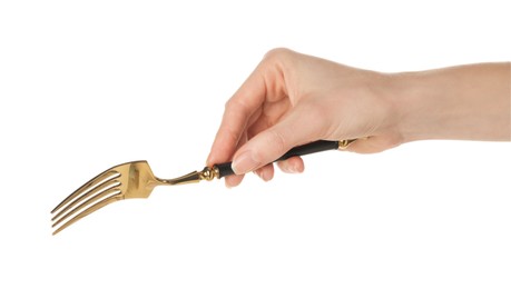 Photo of Woman holding clean fork on white background, closeup