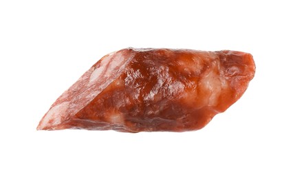 Piece of thin dry smoked sausage isolated on white