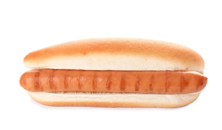 Photo of Fresh tasty hot dog on white background