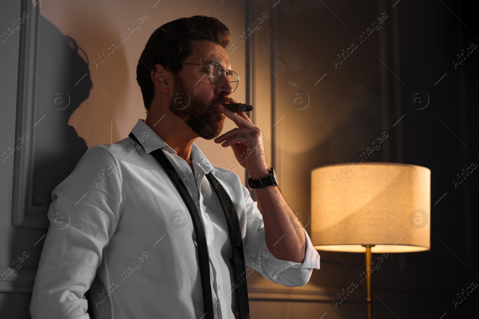 Photo of Handsome man smoking cigar at home. Space for text