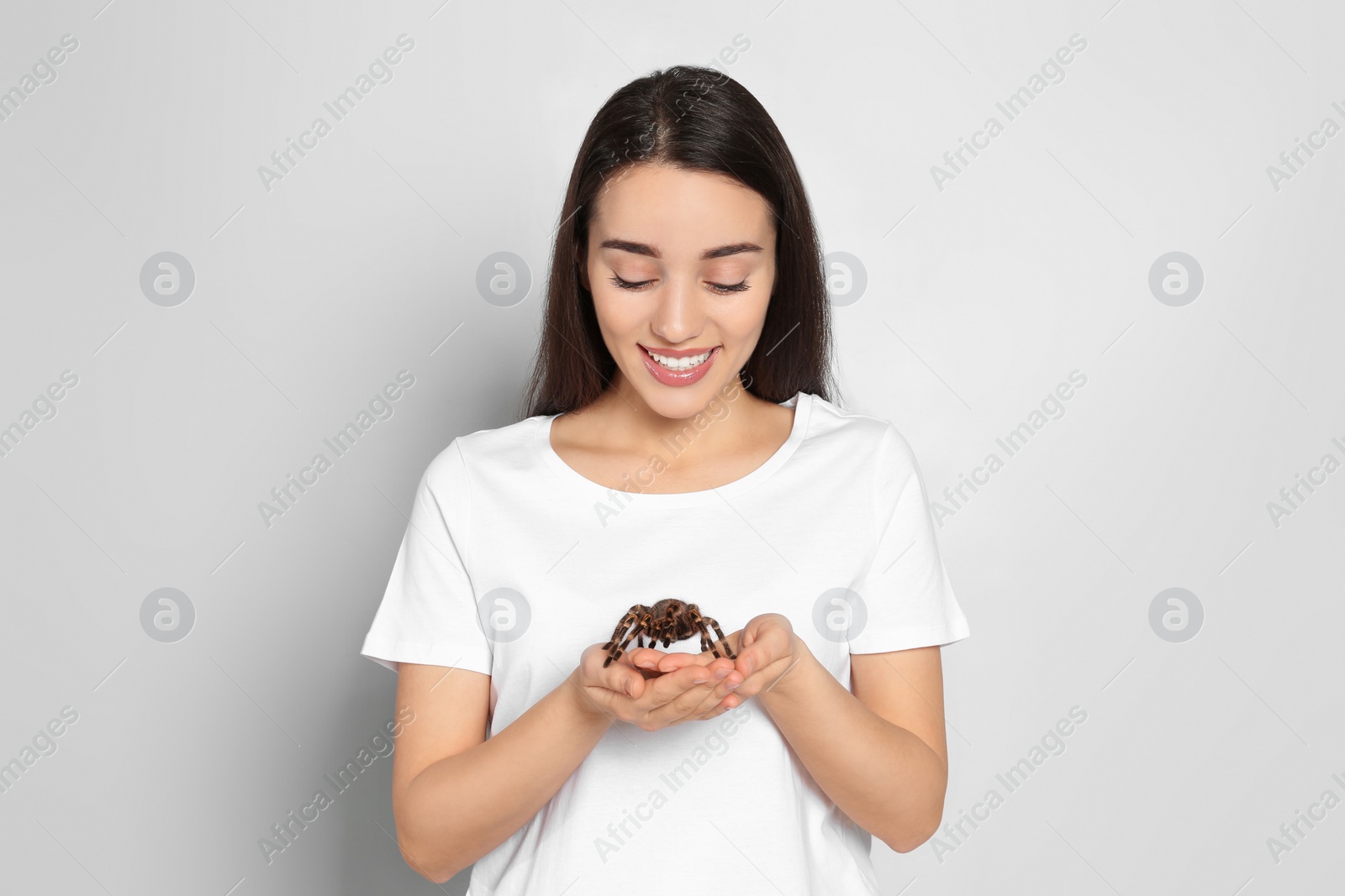 Photo of Woman holding striped knee tarantula on light background. Exotic pet