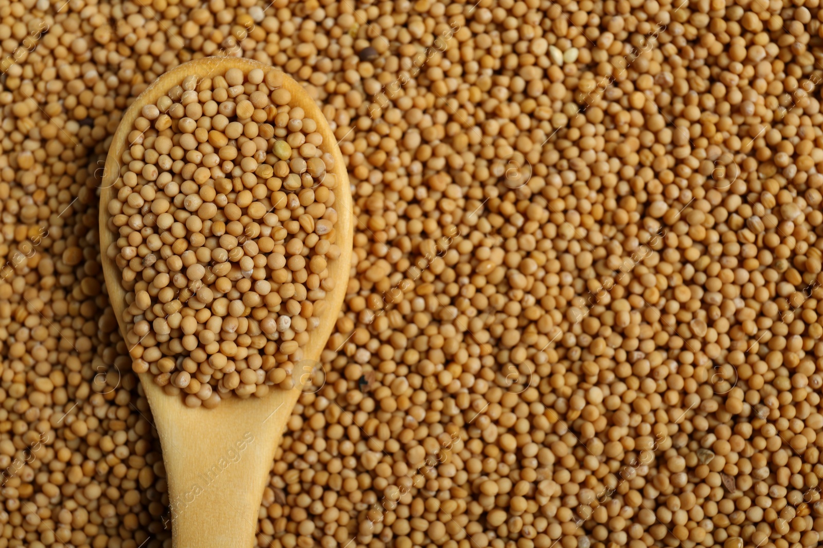 Photo of Mustard seeds and wooden spoon as background, top view. Space for text