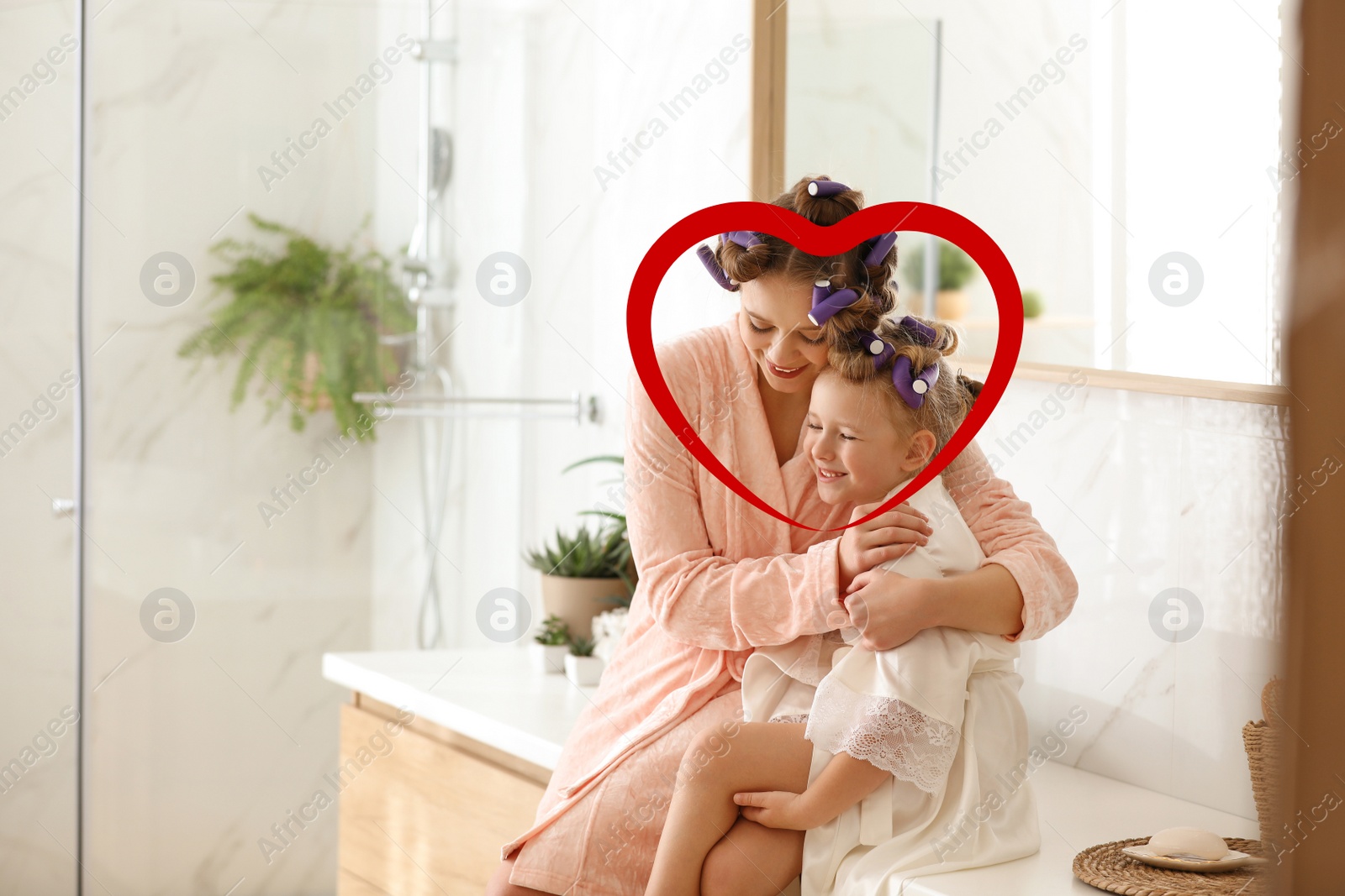 Image of Illustration of red heart and happy mother with daughter with curlers in bathroom