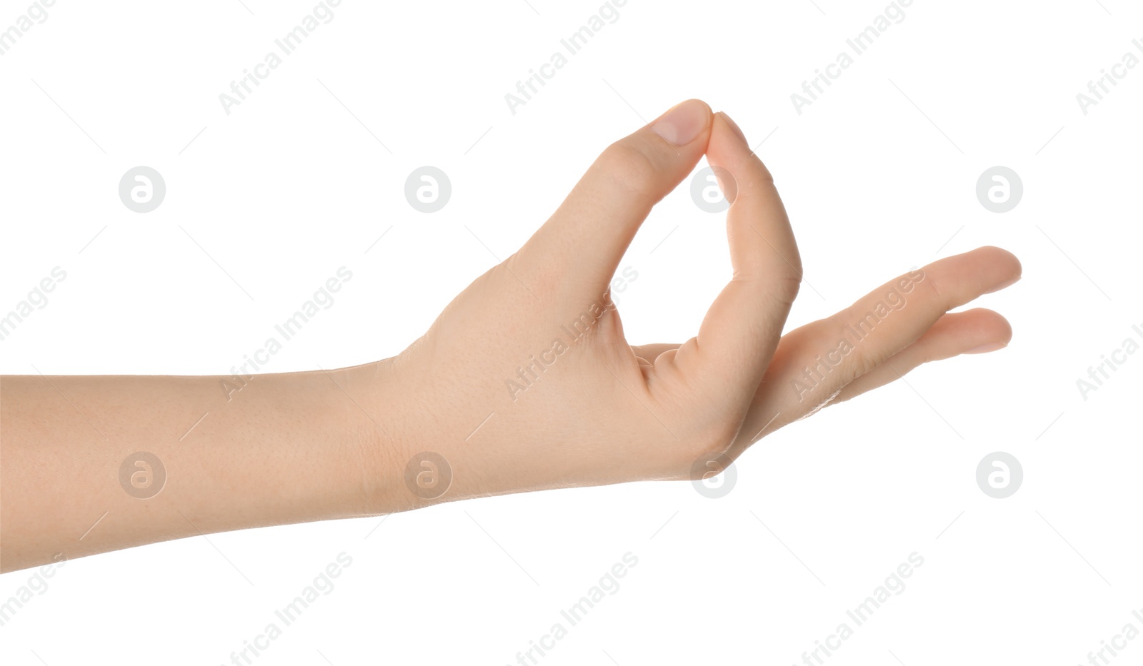Photo of Woman showing mudra isolated on white, closeup