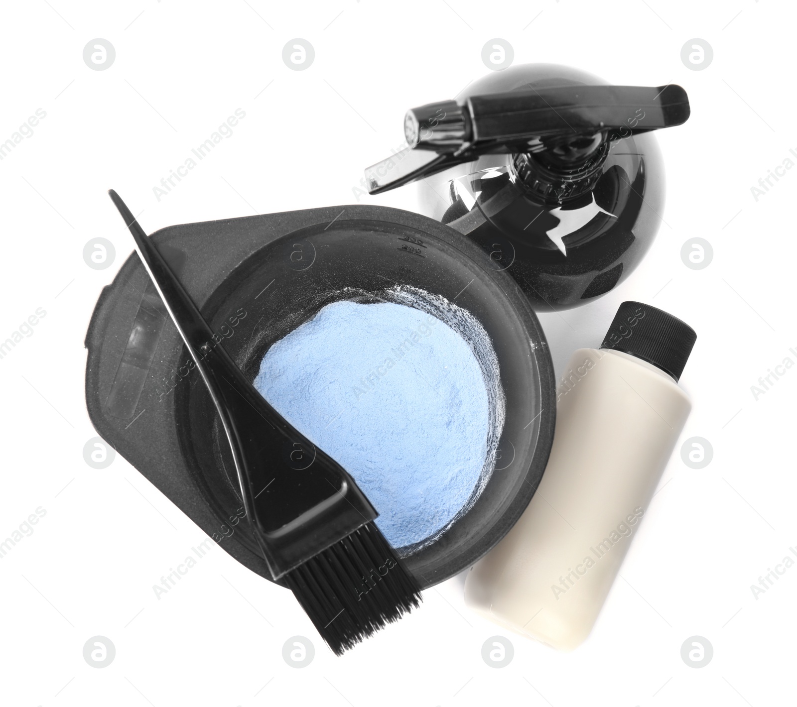 Photo of Professional tools for hair dyeing on white background, top view