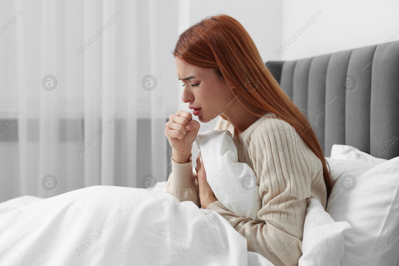 Photo of Woman coughing at home, space for text. Cold symptoms