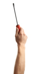 Photo of Man holding screwdriver on white background. Construction tools