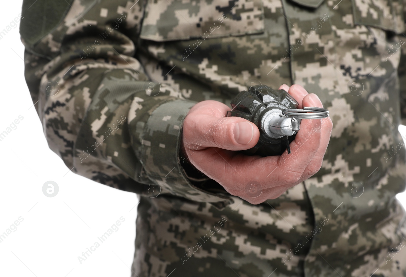 Photo of Soldier holding hand grenade on white background. Military service