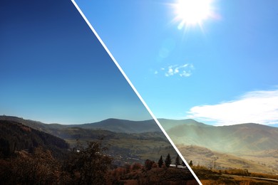 Photo before and after retouch, collage. Picturesque landscape with beautiful sky over mountains