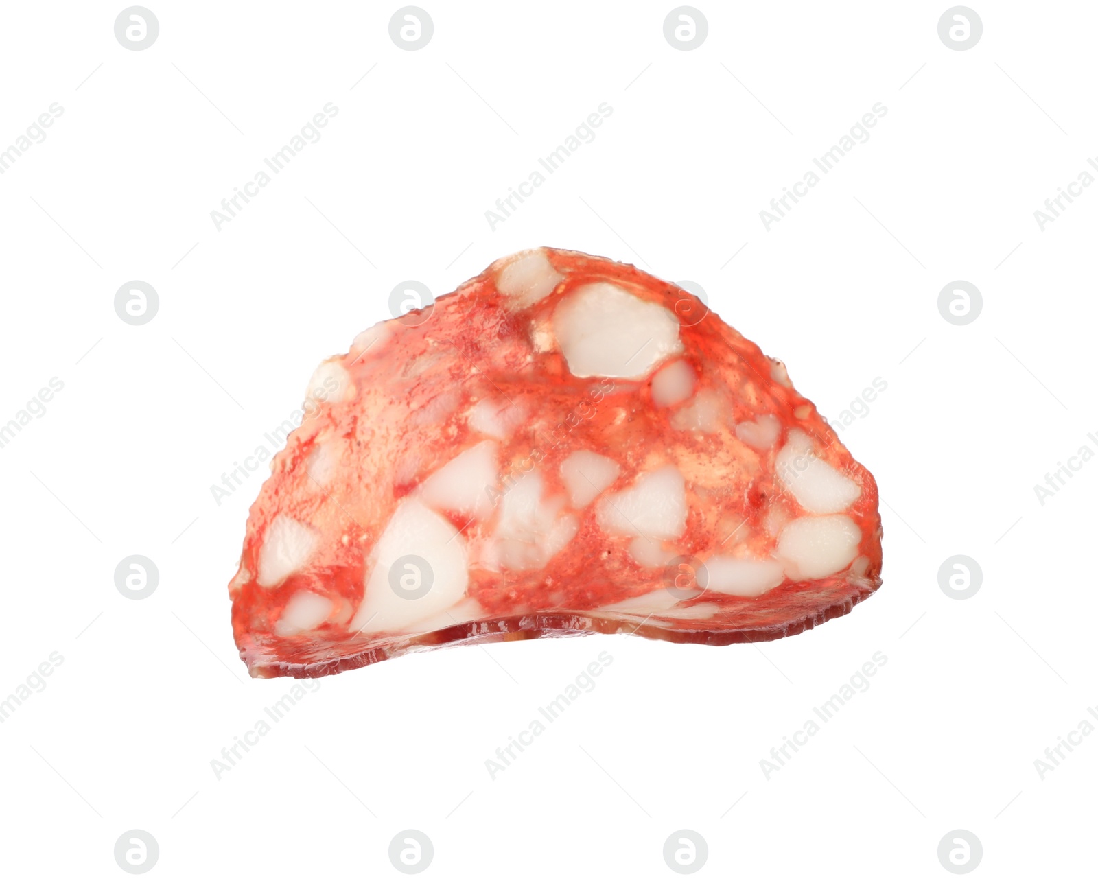 Photo of Cut fresh tasty sausage on white background