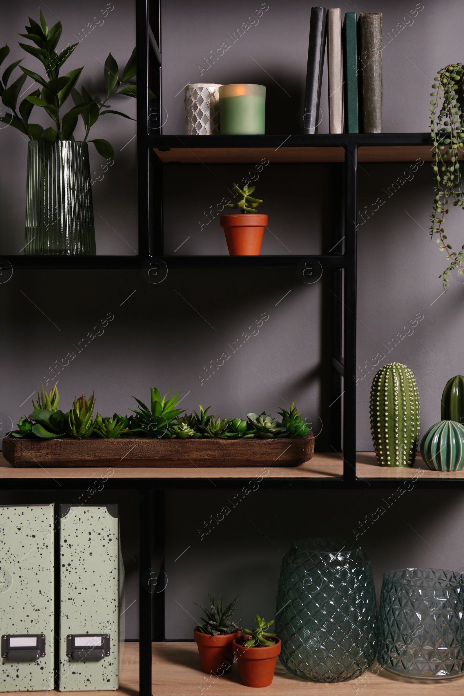 Photo of Shelving with different decor, books and houseplants near gray wall. Interior design