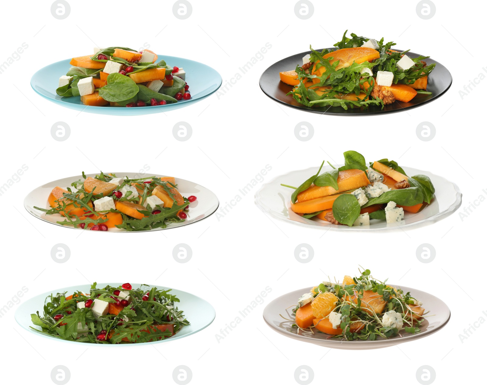 Image of Set of tasty persimmon salads on white background 