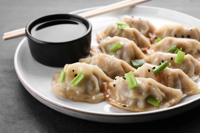 Photo of Delicious gyoza (asian dumplings) with green onions, soy sauce and chopsticks on gray table, closeup