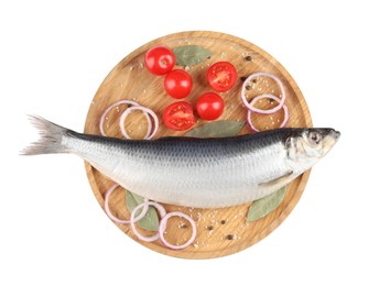 Wooden tray with salted herring, cherry tomatoes, bay leaves, onion rings and peppercorns isolated on white, top view