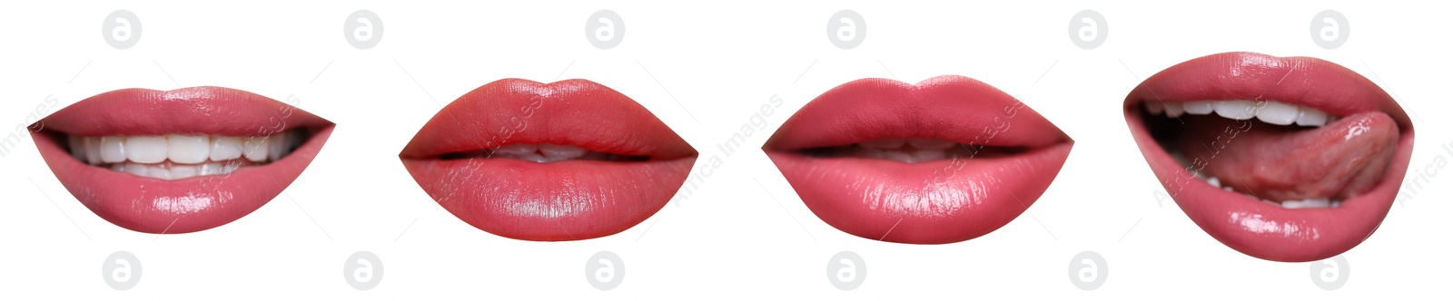 Image of Attractive lips with beautiful lipsticks isolated on white, collage. Banner design