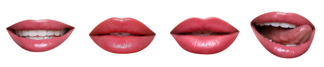 Attractive lips with beautiful lipsticks isolated on white, collage. Banner design