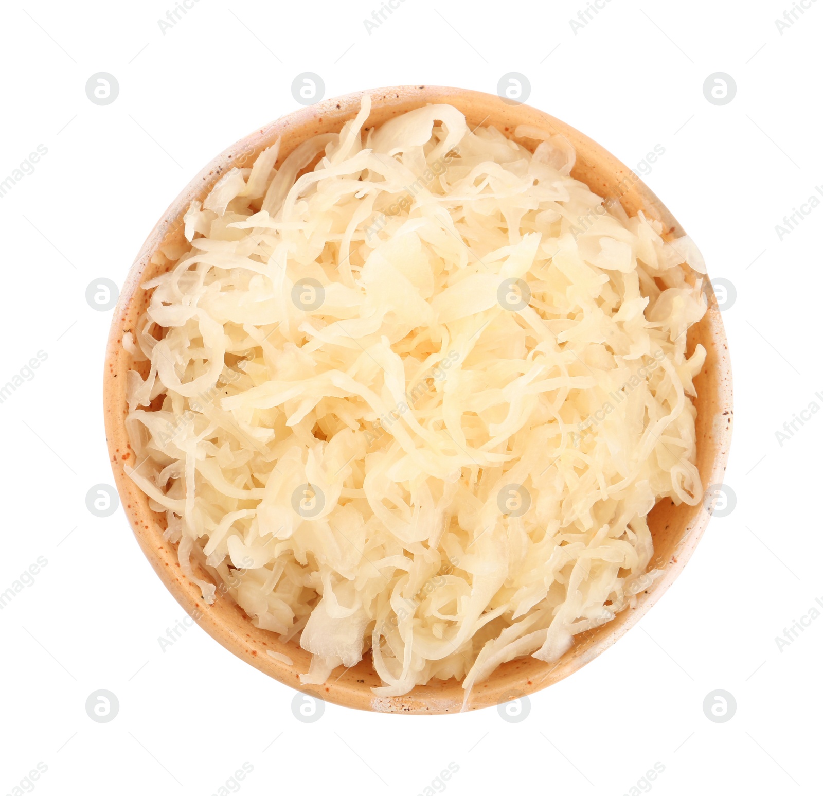 Photo of Bowl of tasty sauerkraut on white background, top view