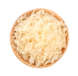 Photo of Bowl of tasty sauerkraut on white background, top view