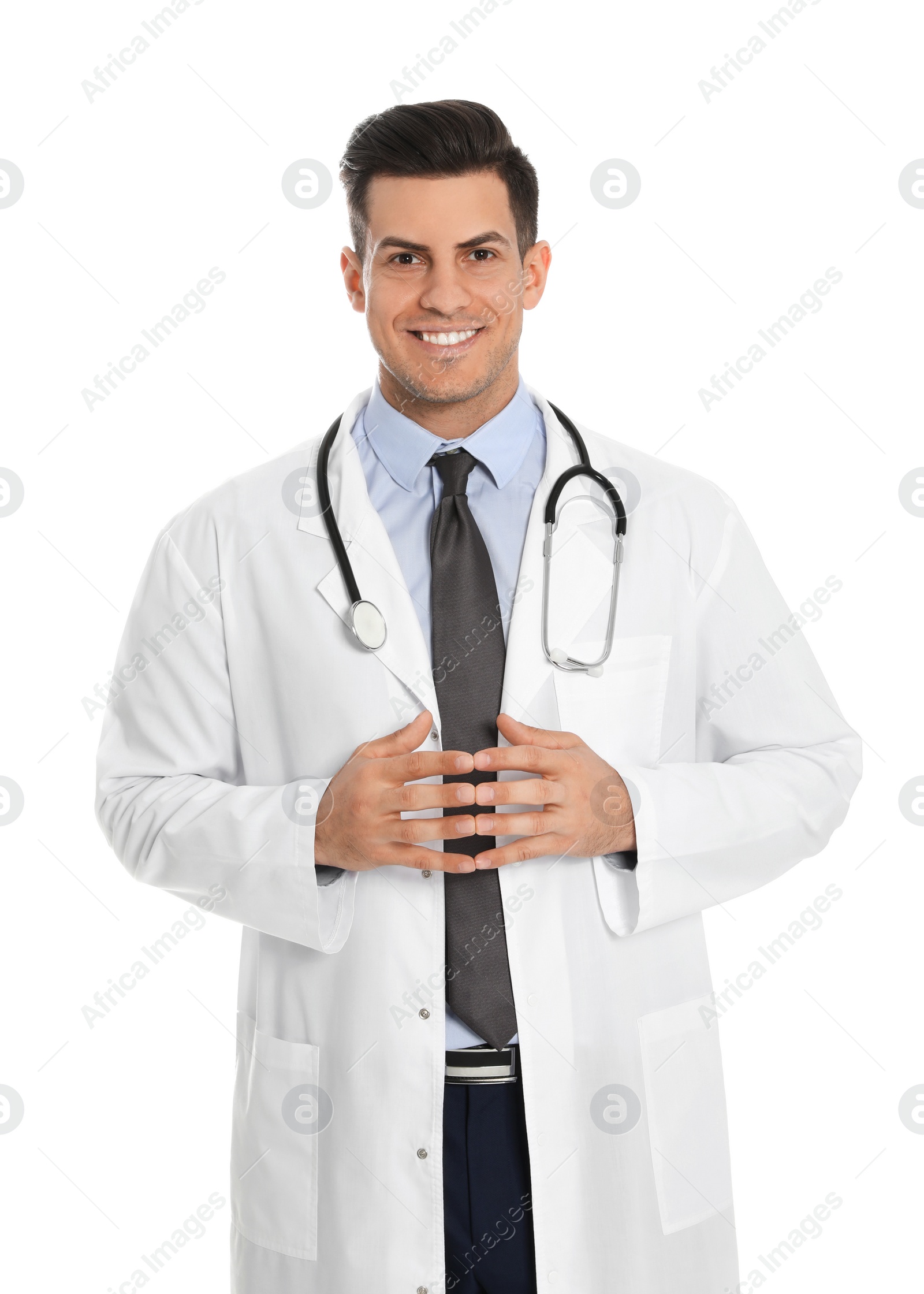 Photo of Portrait of medical doctor with stethoscope isolated on white