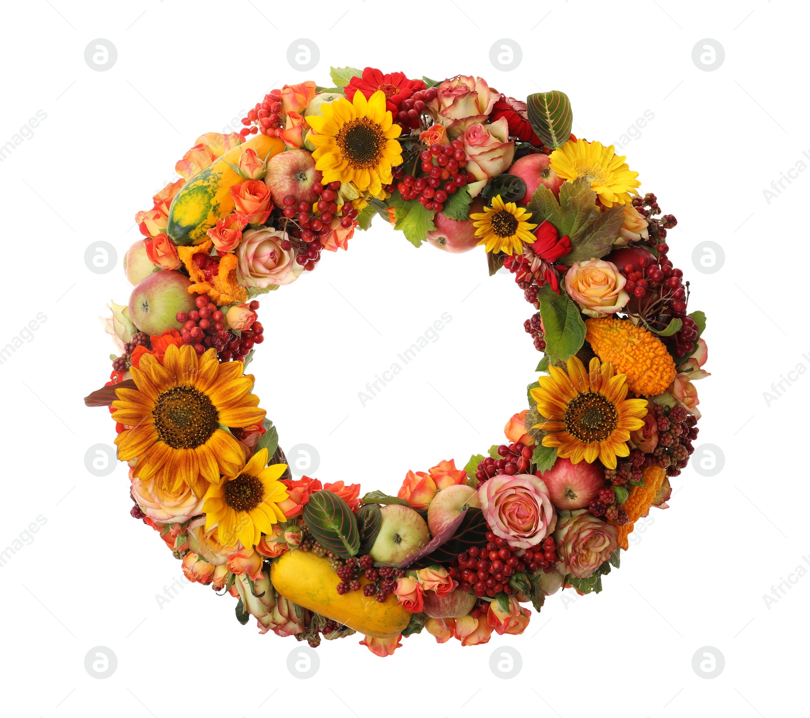 Photo of Beautiful autumnal wreath with flowers, berries and fruits isolated on white