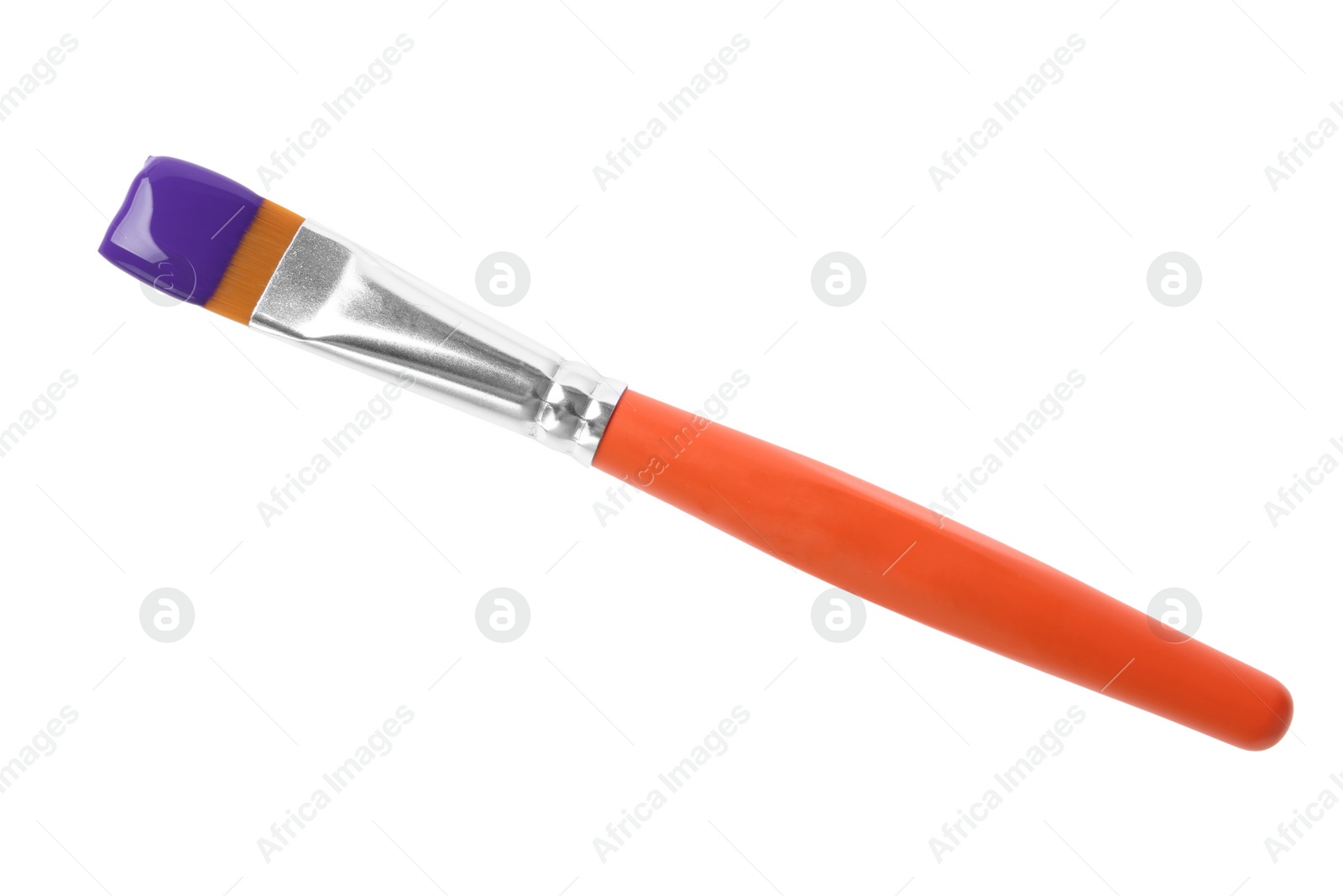 Photo of Brush with color paint on white background, top view