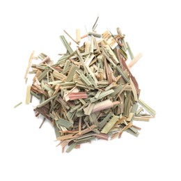 Photo of Pile of aromatic dried lemongrass isolated on white, top view