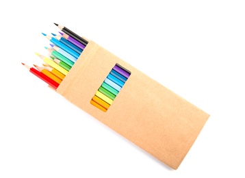 Photo of Box of color pencils on white background, top view