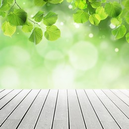 Image of Empty wooden surface and beautiful green leaves on blurred background. Bokeh effect