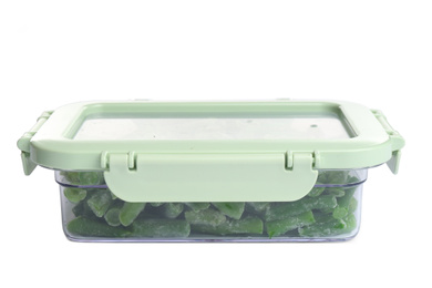 Photo of Frozen green beans in plastic container isolated on white. Vegetable preservation