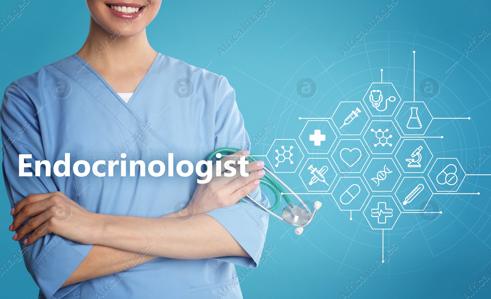 Image of Endocrinologist, word and scheme with icons on light blue background. Doctor with stethoscope, closeup