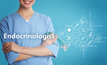 Image of Endocrinologist, word and scheme with icons on light blue background. Doctor with stethoscope, closeup