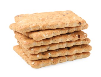 Photo of Stack of cereal crackers with flax and sesame seeds isolated on white
