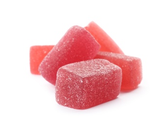 Pile of delicious jelly candies on white background