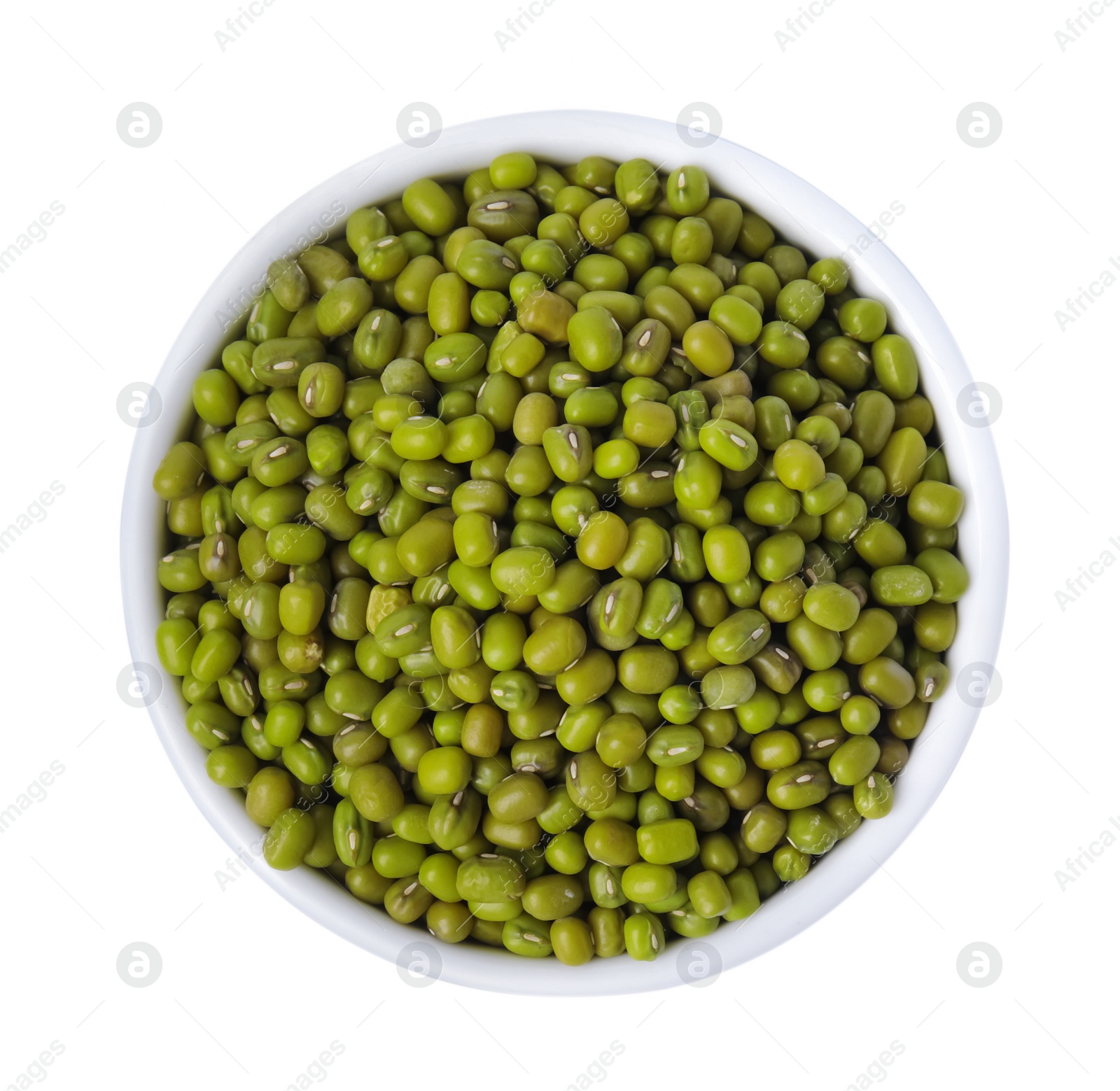 Photo of Bowl with green mung beans isolated on white, top view. Organic grains