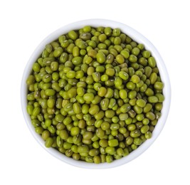 Bowl with green mung beans isolated on white, top view. Organic grains