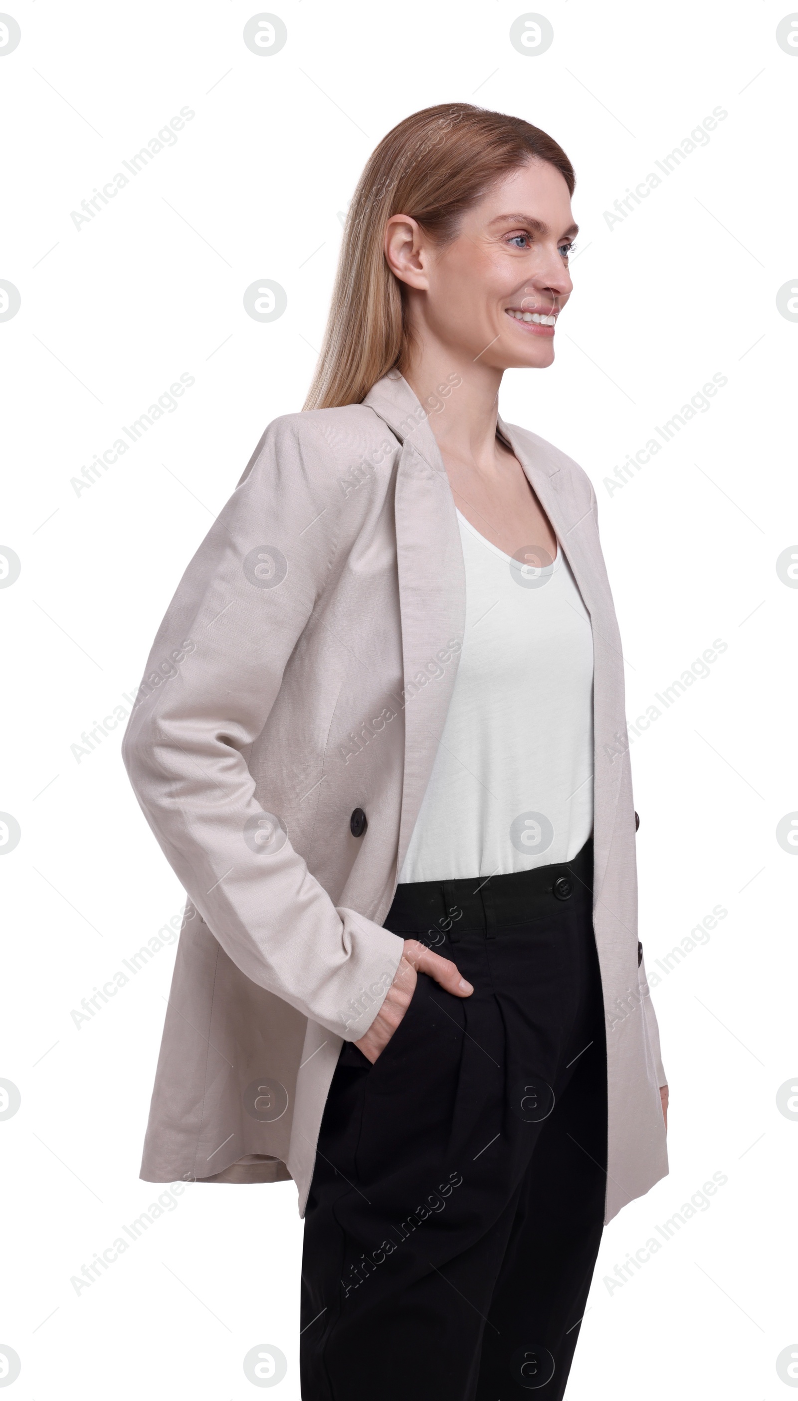 Photo of Portrait of beautiful happy businesswoman on white background