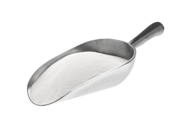 Photo of Metal scoop of baking soda isolated on white