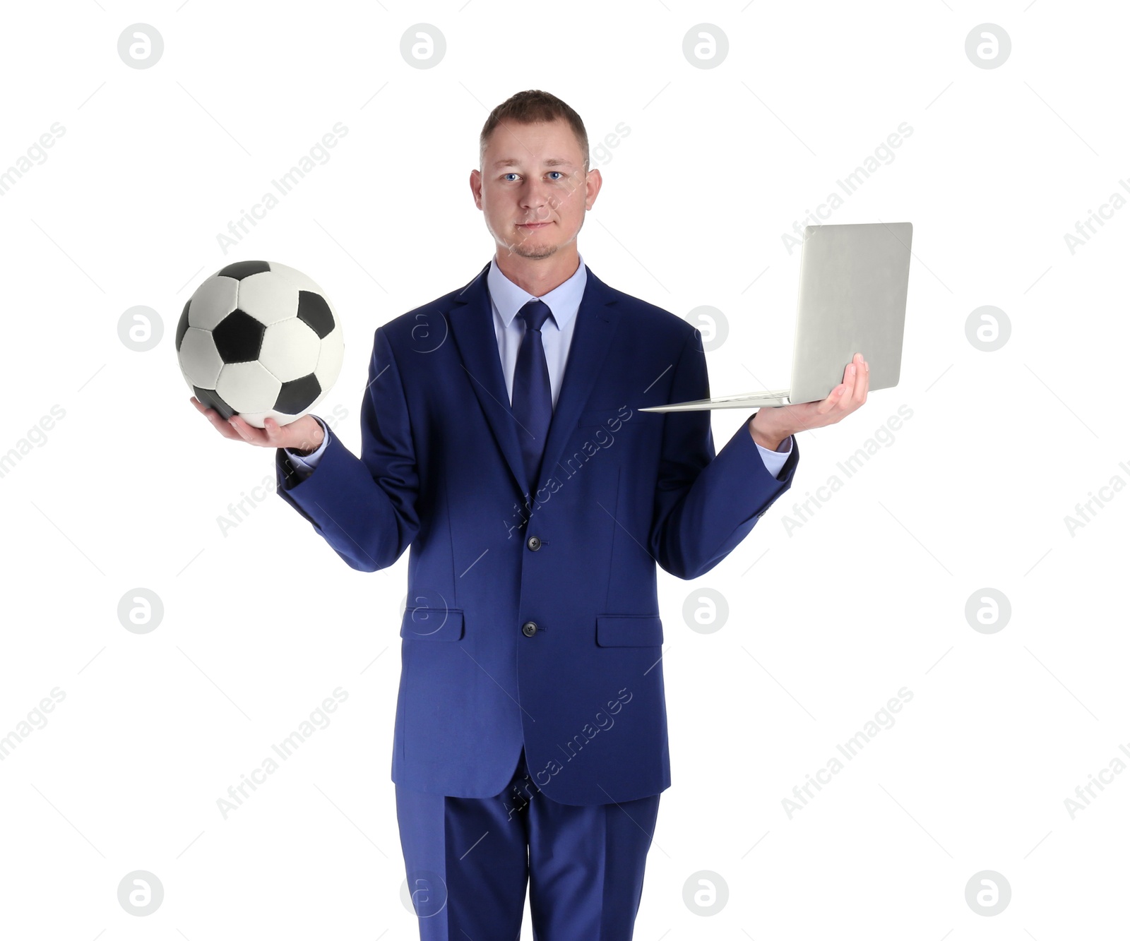 Photo of Portrait of businessman with soccer ball and laptop on white background. Combining life and work