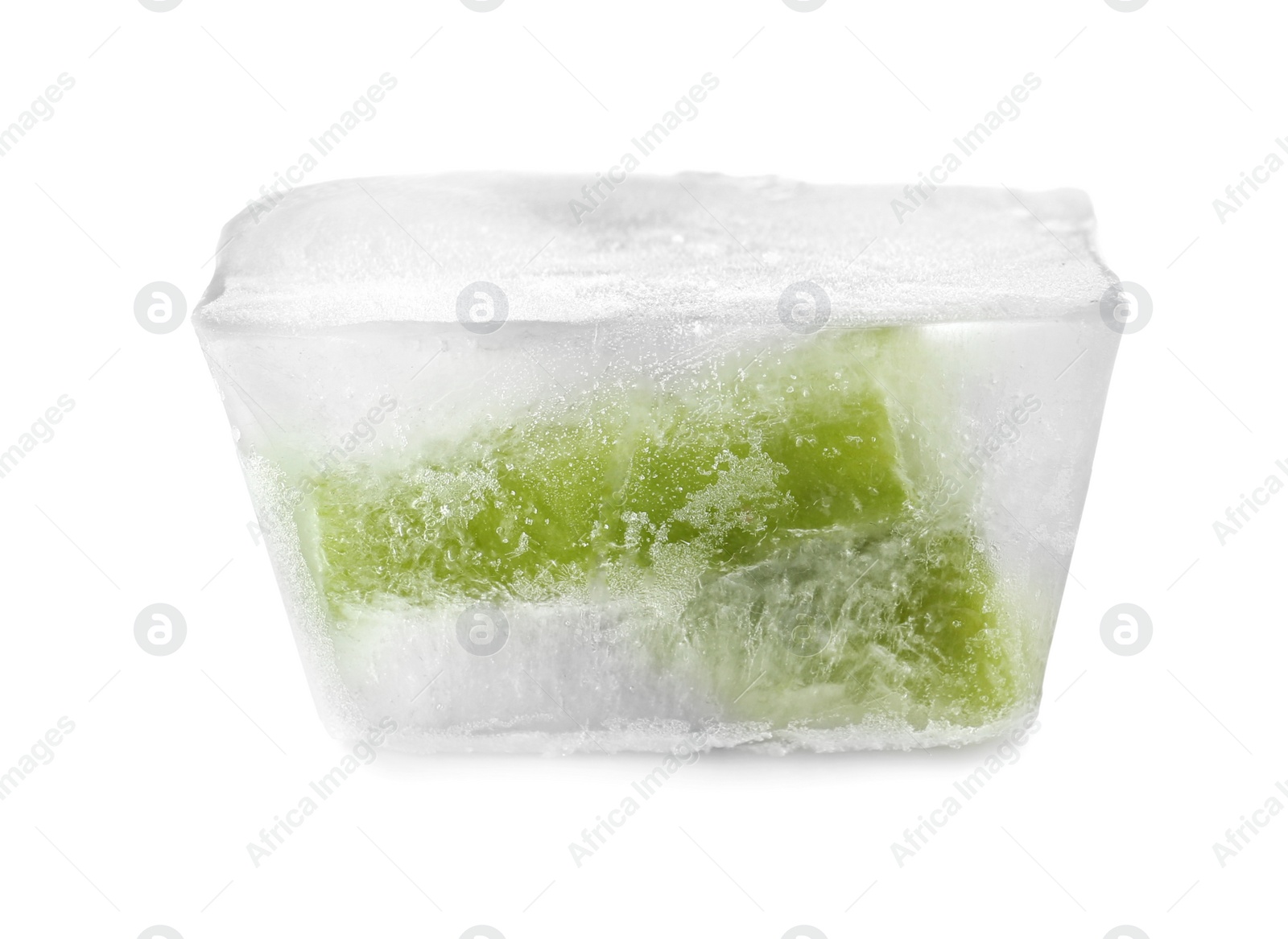 Photo of Green beans in ice cube on white background. Frozen vegetables