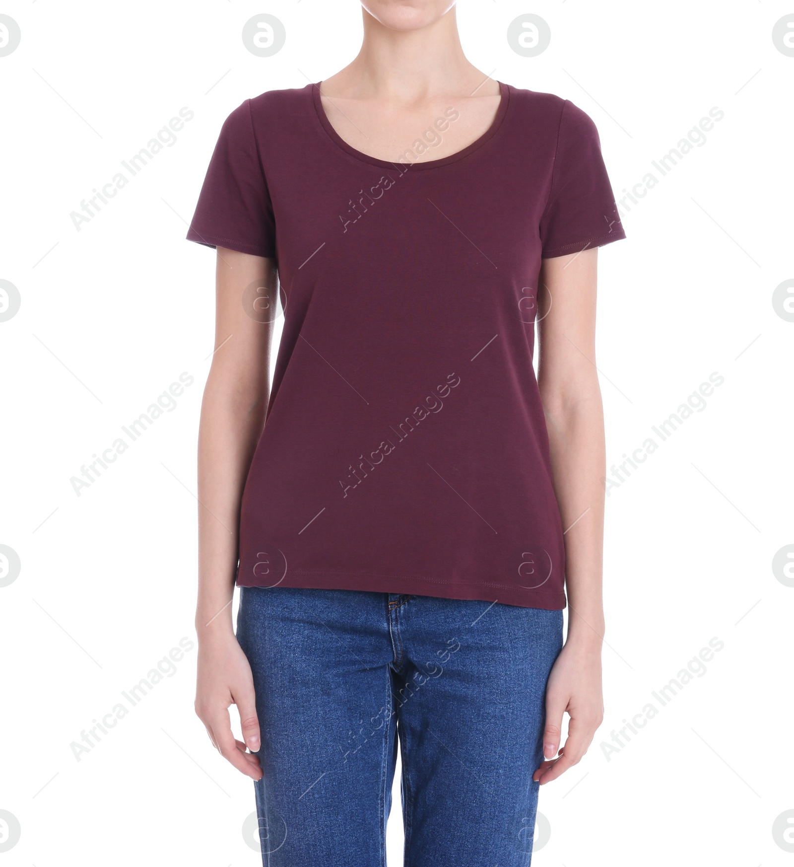 Photo of Young slim woman on white background, closeup. Weight loss