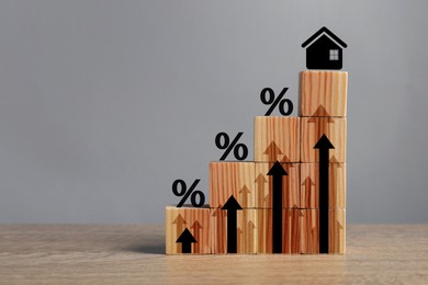 Image of Mortgage rate rising illustrated by upward arrows, percent signs, house icon and cubes on wooden table, space for text
